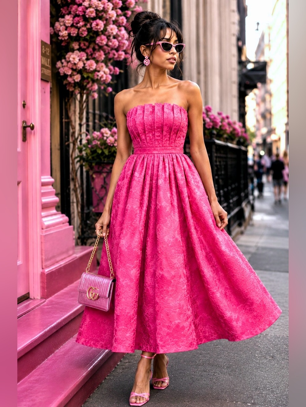 Entro Pink Floral Jacquard Strapless Midi Dress L Pockets Barbiecore - Picture 6 of 16